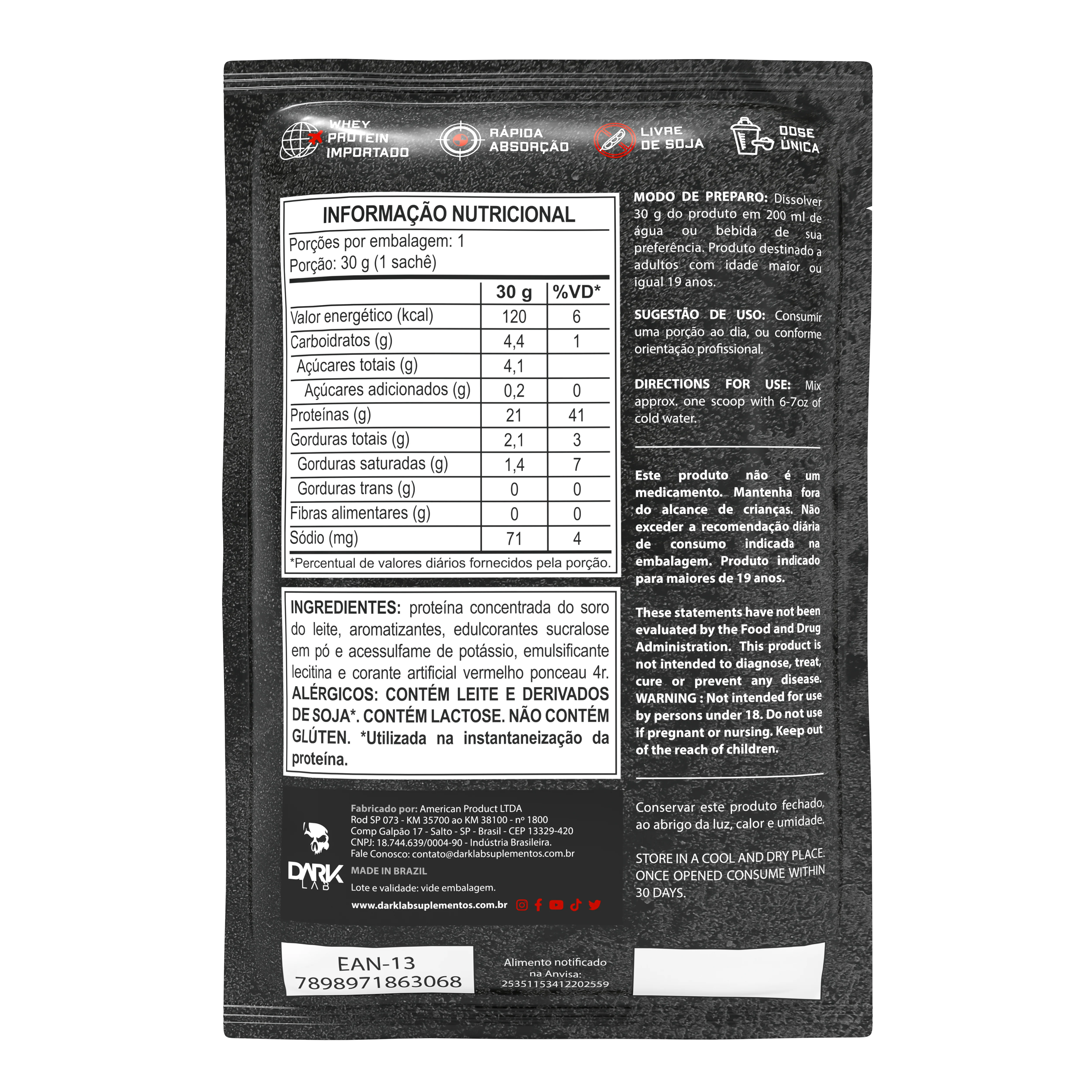 Kit 10 unidades sache 100% Whey Protein 30g Dark Lab - Image 4